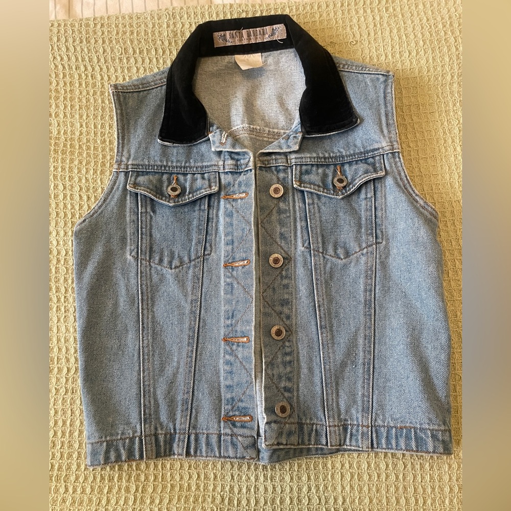 Vintage Santa Barbara  Denim Vest with Black Velvet Collar 90s -Y2K style